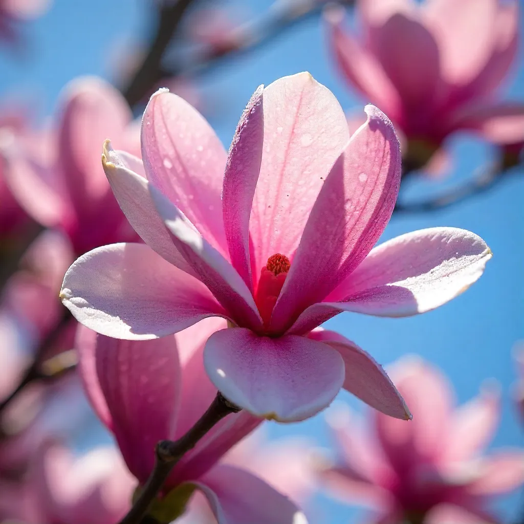 Close-Up Pink Magnolia Blossoms Against a Bright Blue Sky
