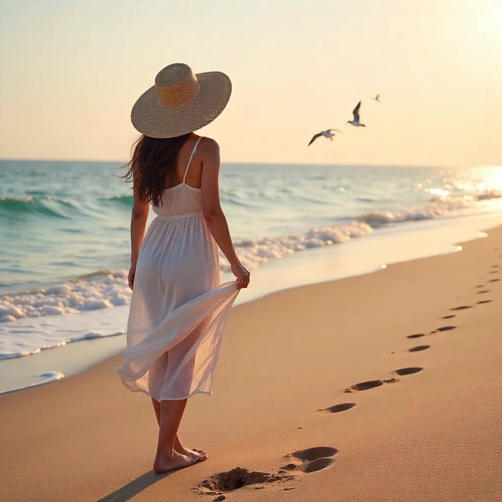 Woman in a Straw Hat at a Calm Beach Horizon