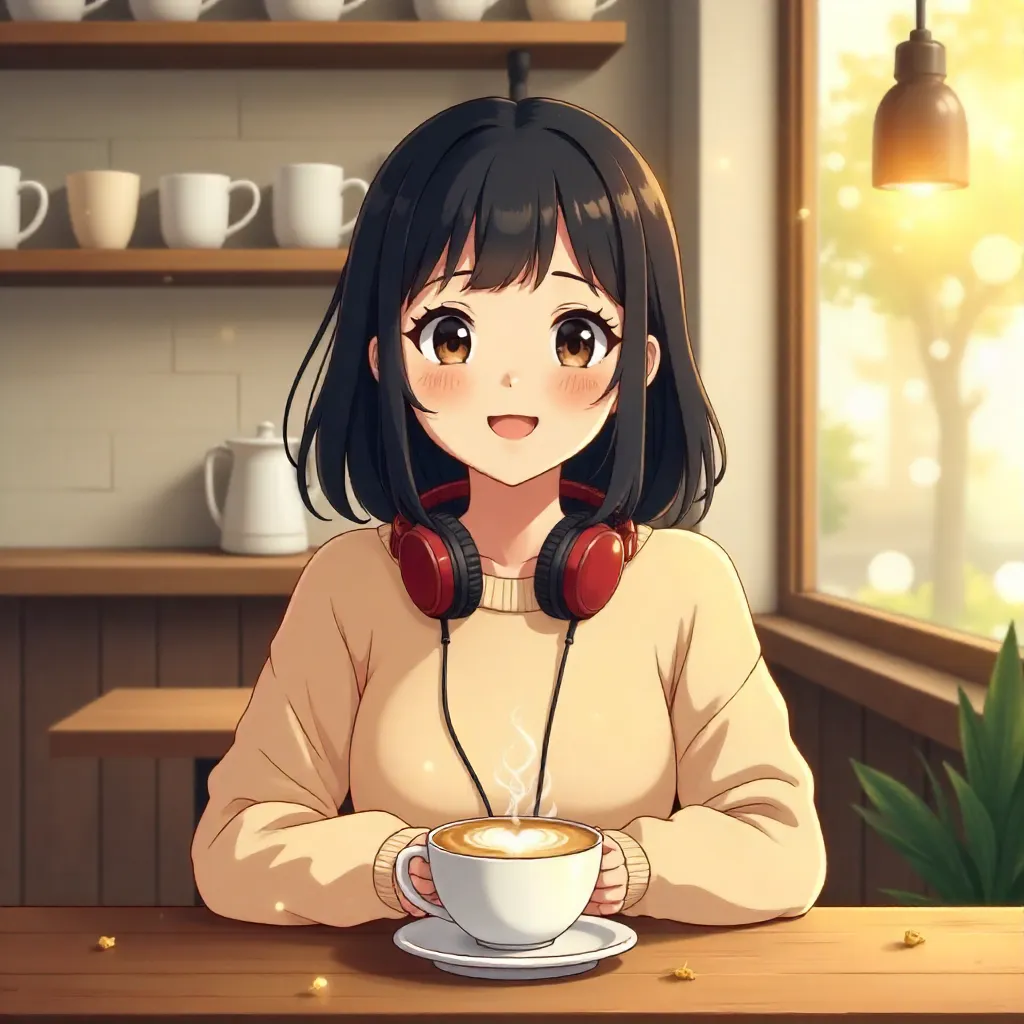 Cheerful Asian Girl in a Cozy Coffee Shop (Anime)