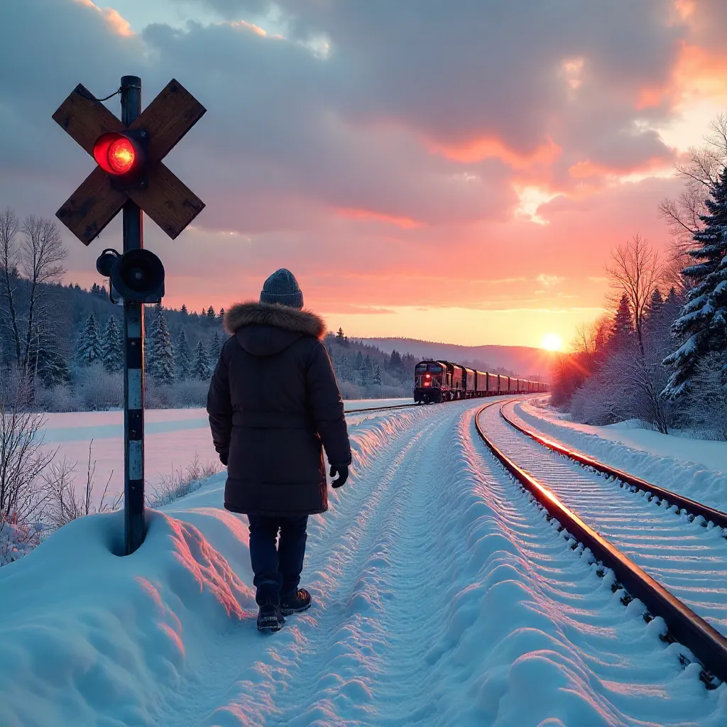 Sunset Snowpath by a Canadian Train Crossing