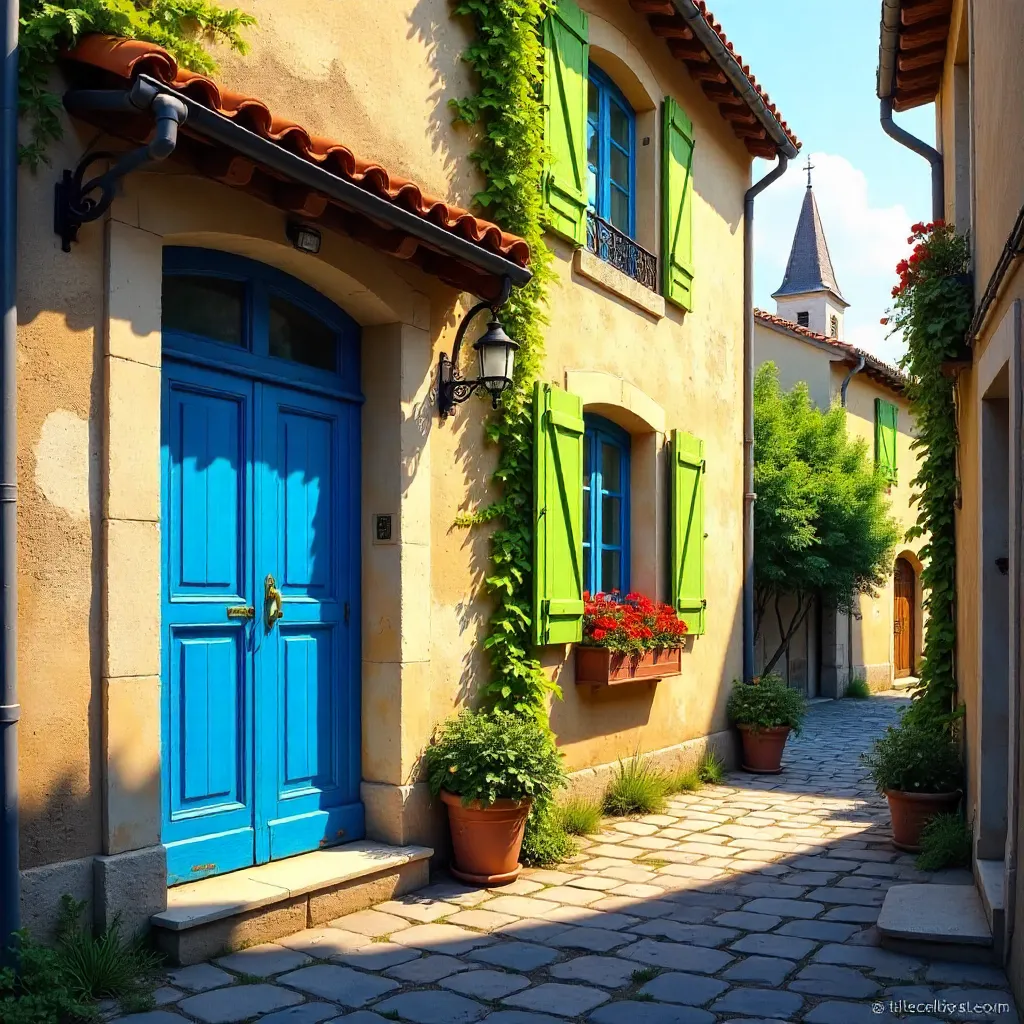 Vibrant Blue Door and Green Shutters in Château-Gontier