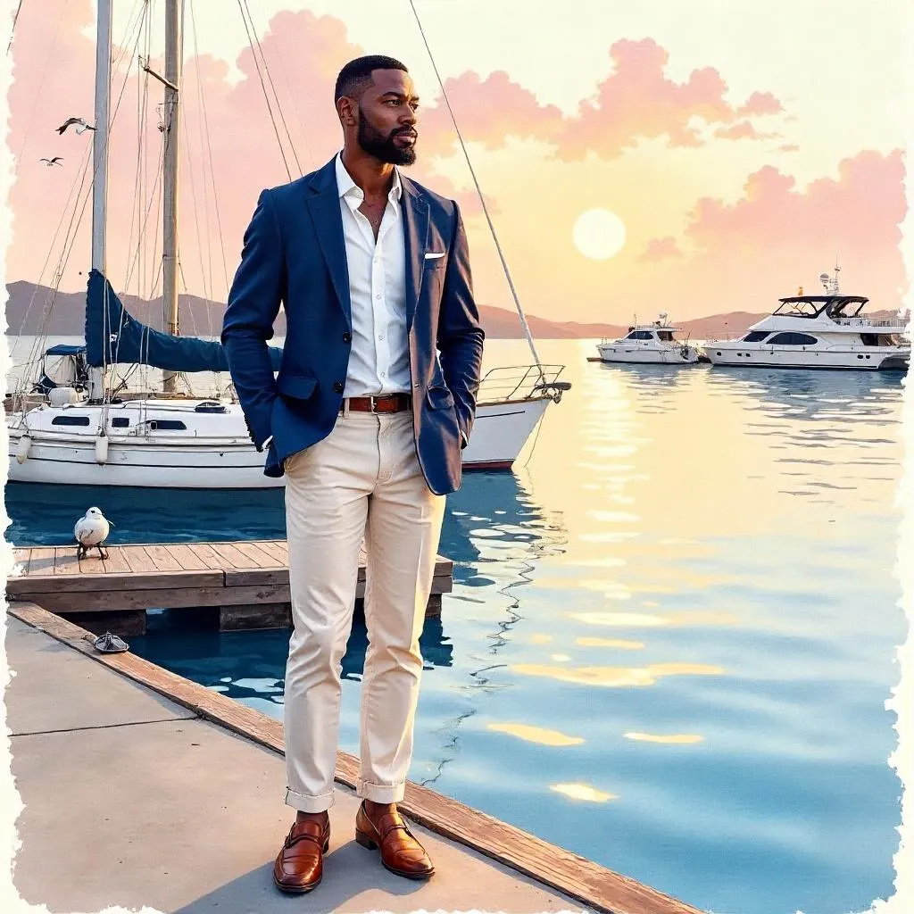 Elegant Black Man by the Marina in Watercolor