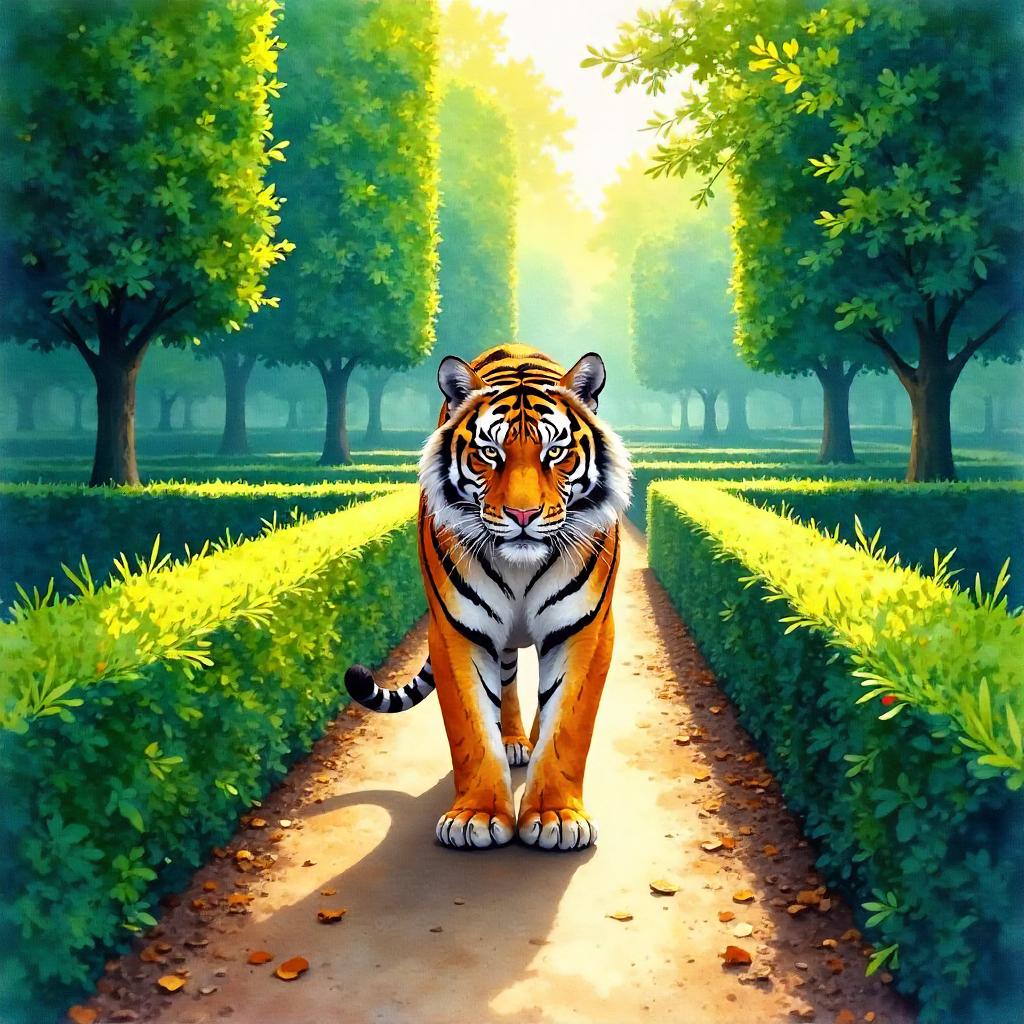 Watercolor Tiger in a Hedge Maze
