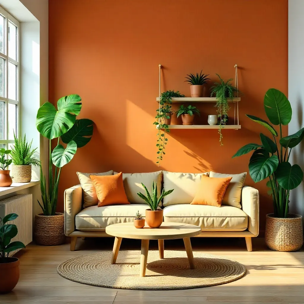 Lush green living space with an orange accent wall