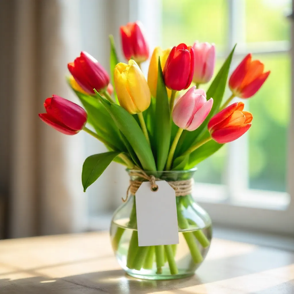 Vibrant Tulip Bouquet with Blank Gift Tags for Spring Celebrations