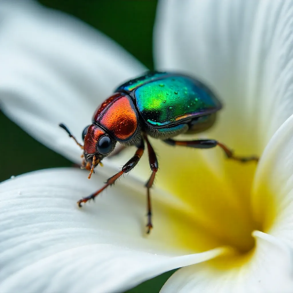 Macro Portrait: Colorful Beetle on White Flower