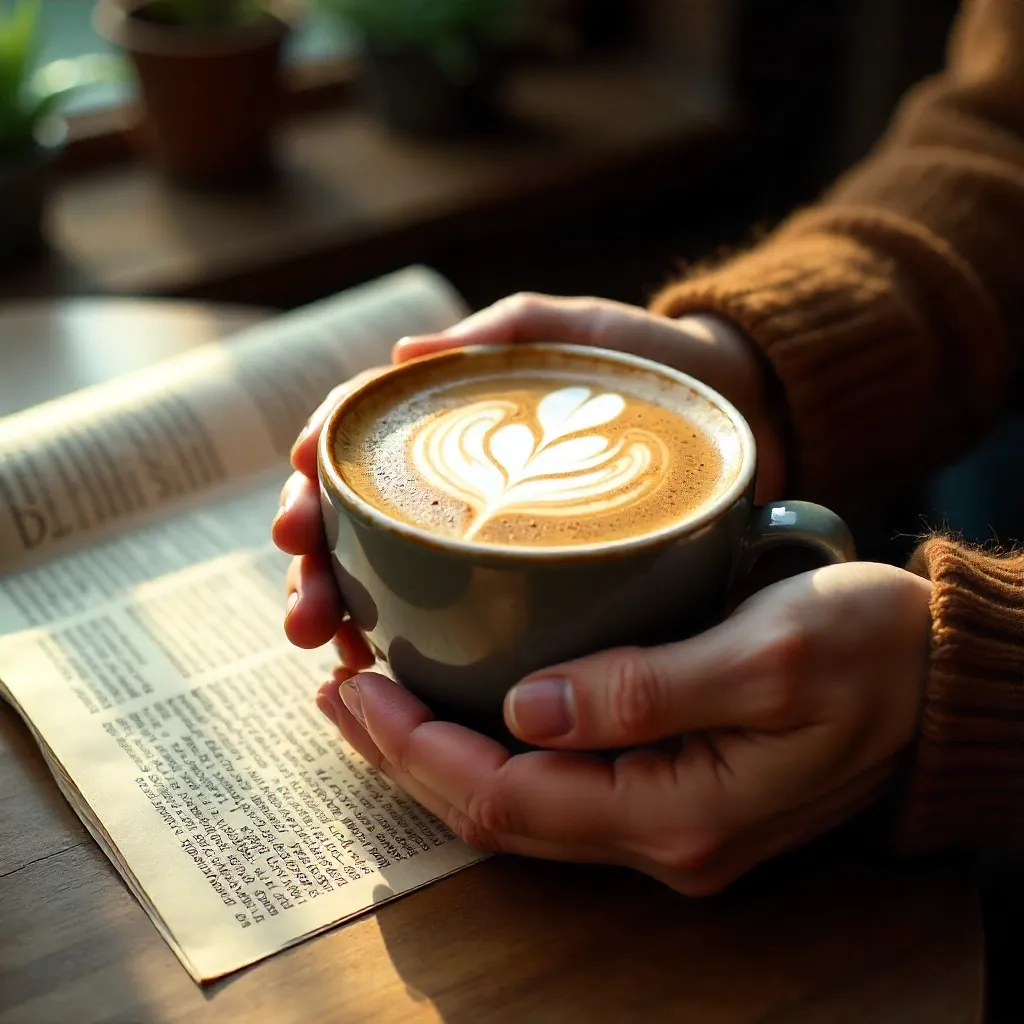 Hands with Latte and Newspaper on Café Table