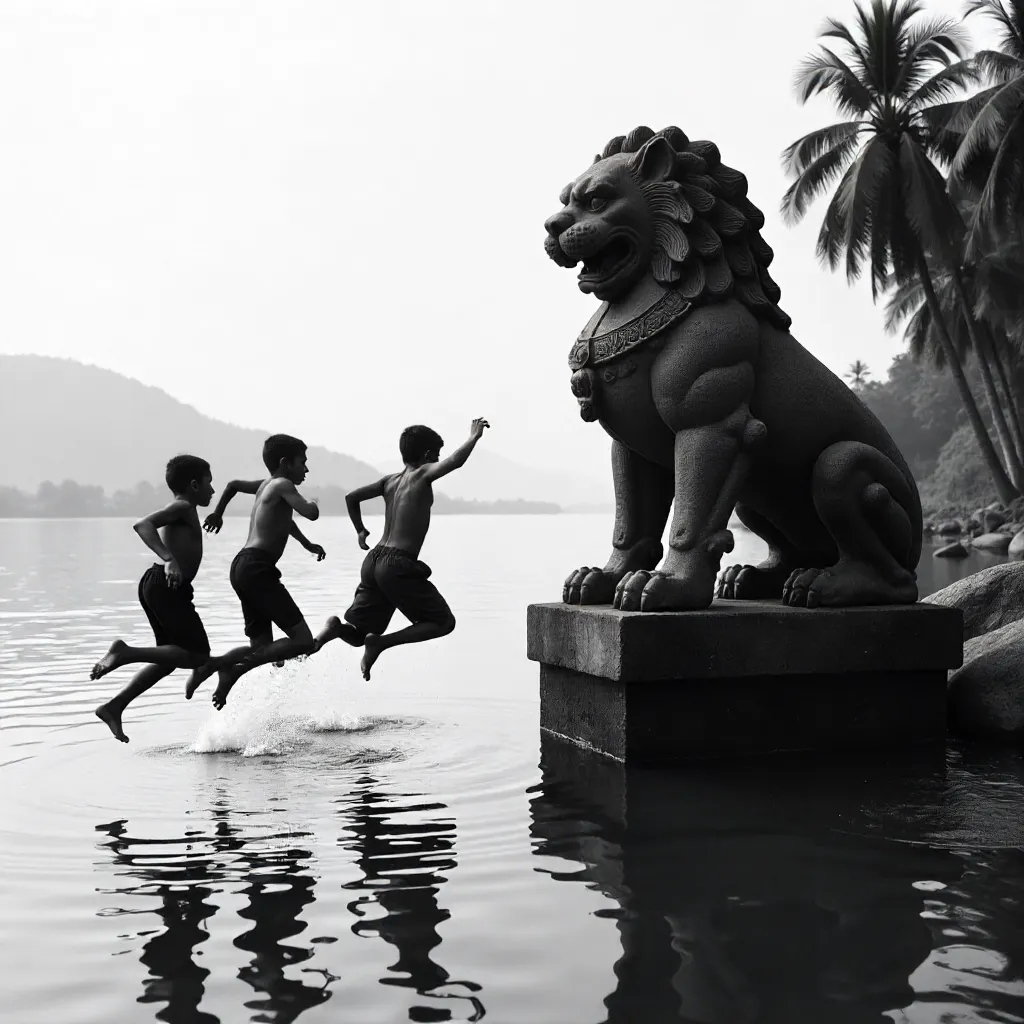Monochrome Leap by the Chinthe Statue in Min Kun
