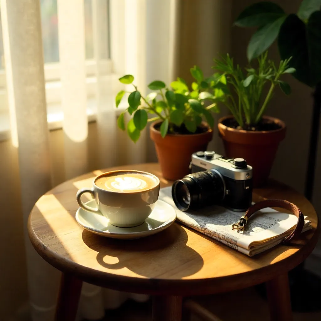 Cozy Round Table Still Life: Latte, Camera, and Plants