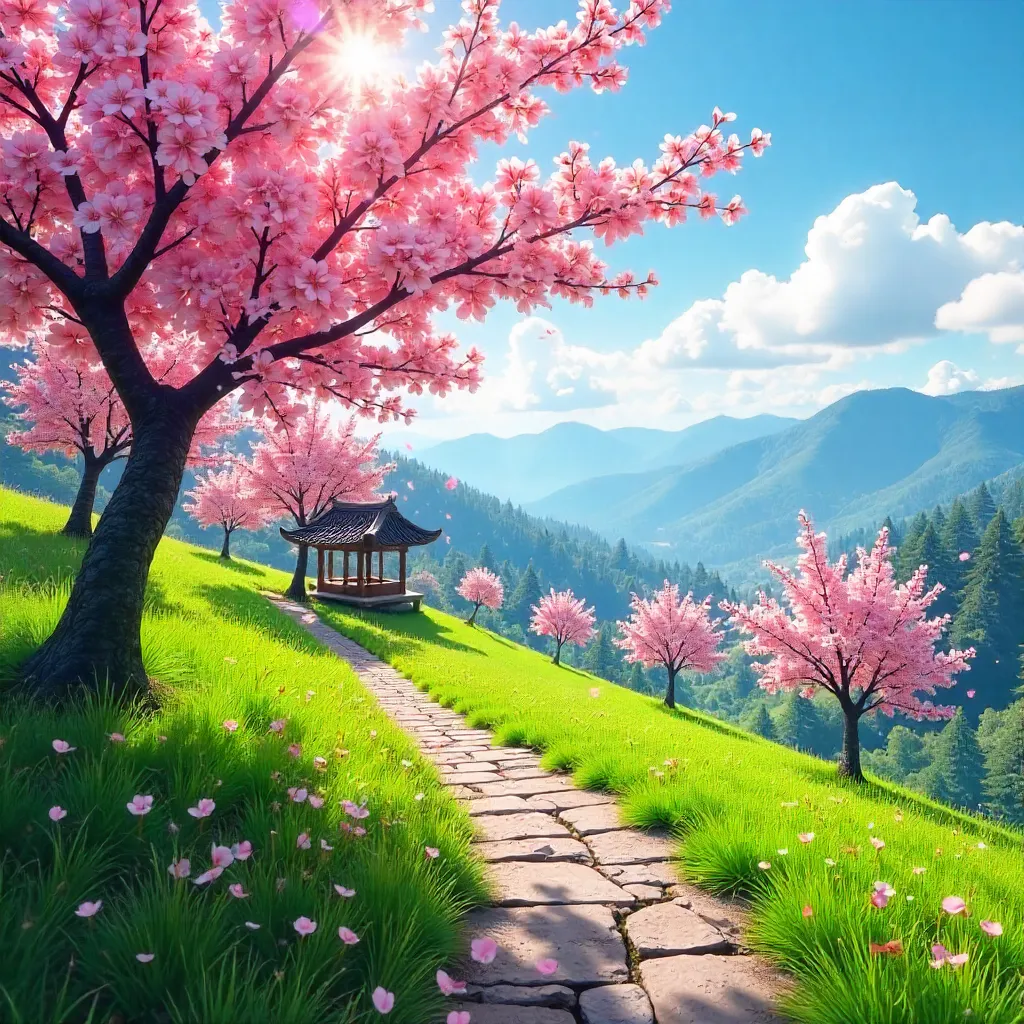 Cherry Blossoms Over Dalat: Blue Sky Landscape