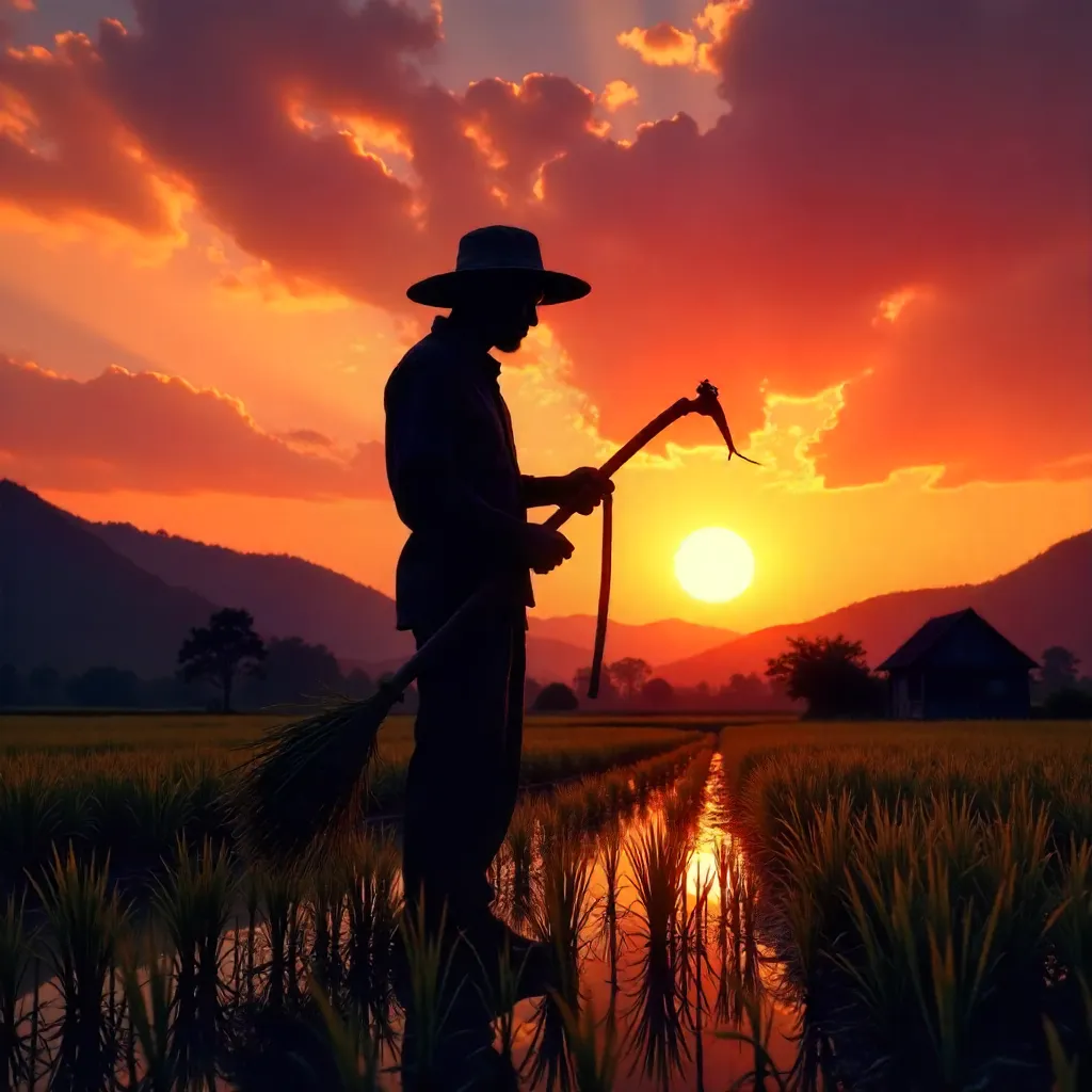 Silhouette of a Farmer at Sunset with Sickle and Rice