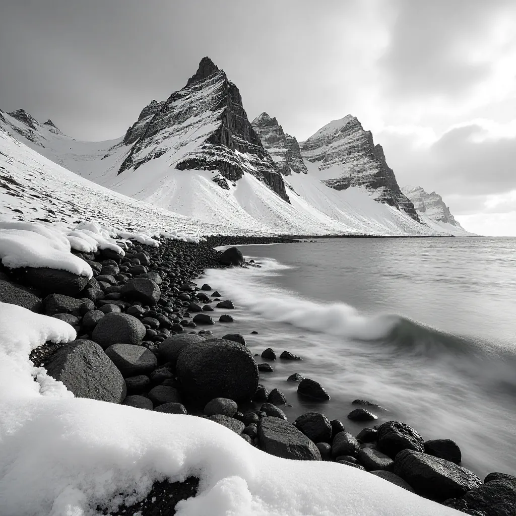 Monochrome Winter: Mountains Meet the Rocky Shore