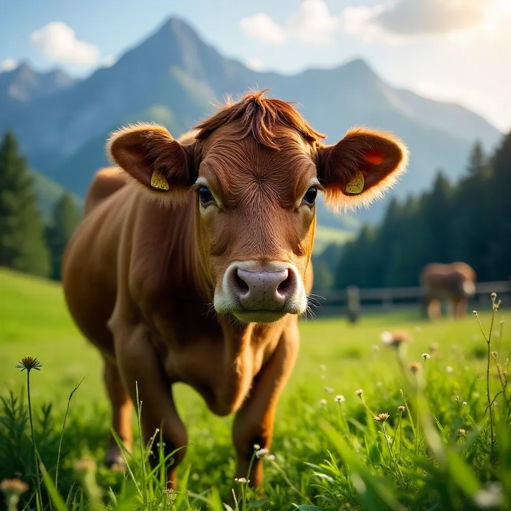 Close-Up Brown Cow in Bavarian Alpine Pasture