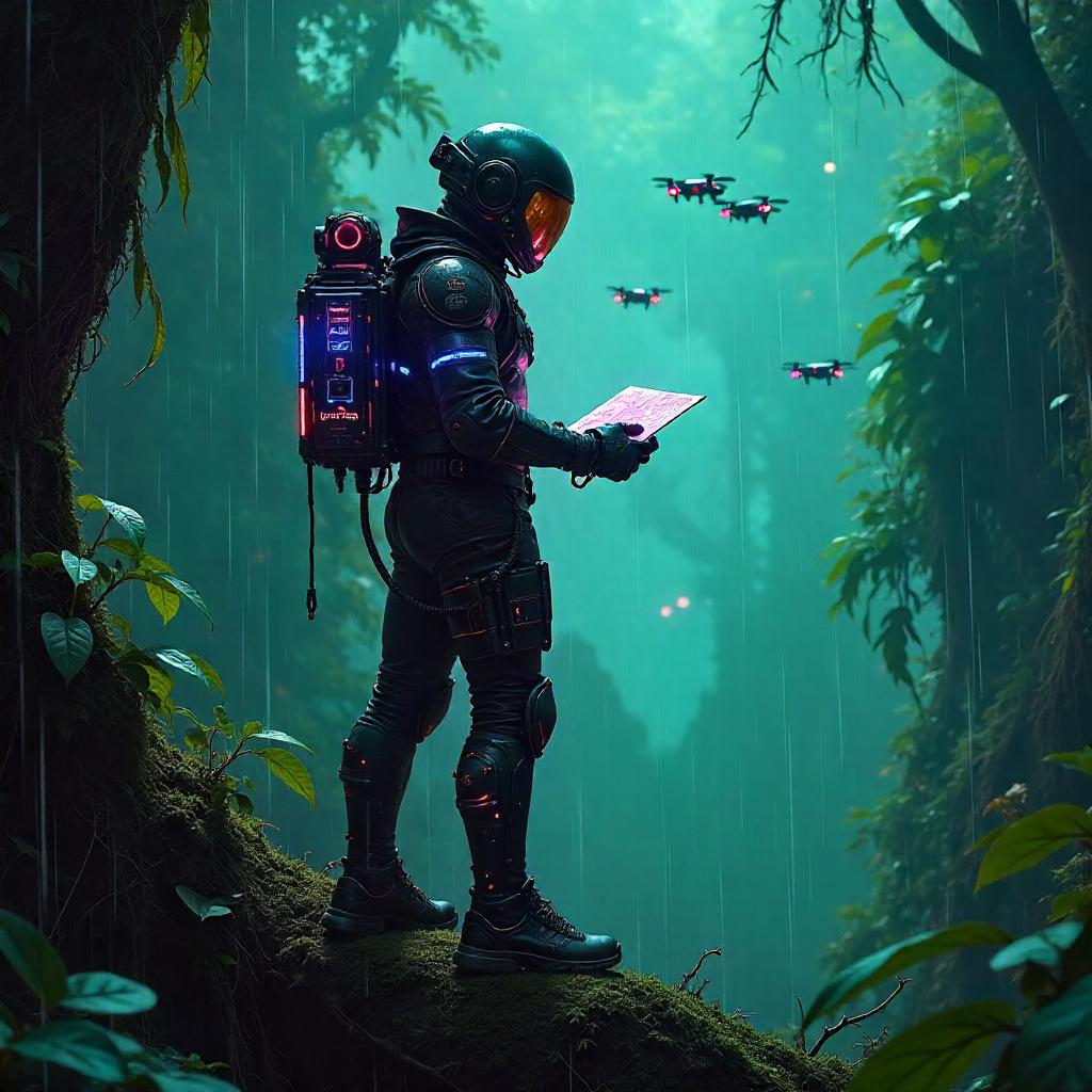 Cyberpunk Pilot in Jungle Canopy