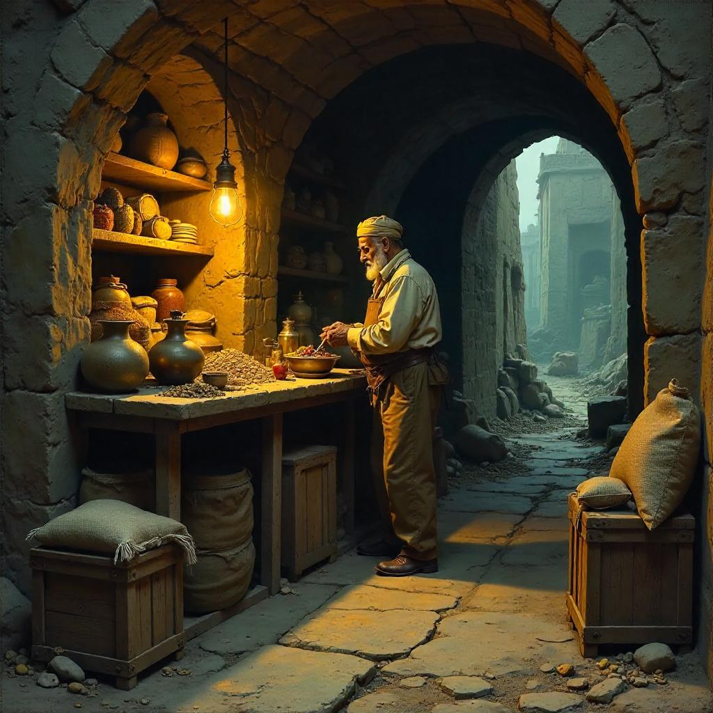 Merchant in a Bomb Shelter, Oil Painting Ambience