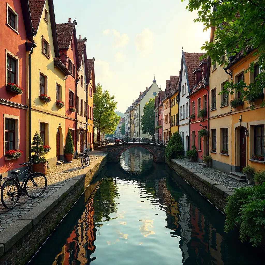 Historic Augsburg Canal: Timber-Framed Houses at Golden Hour