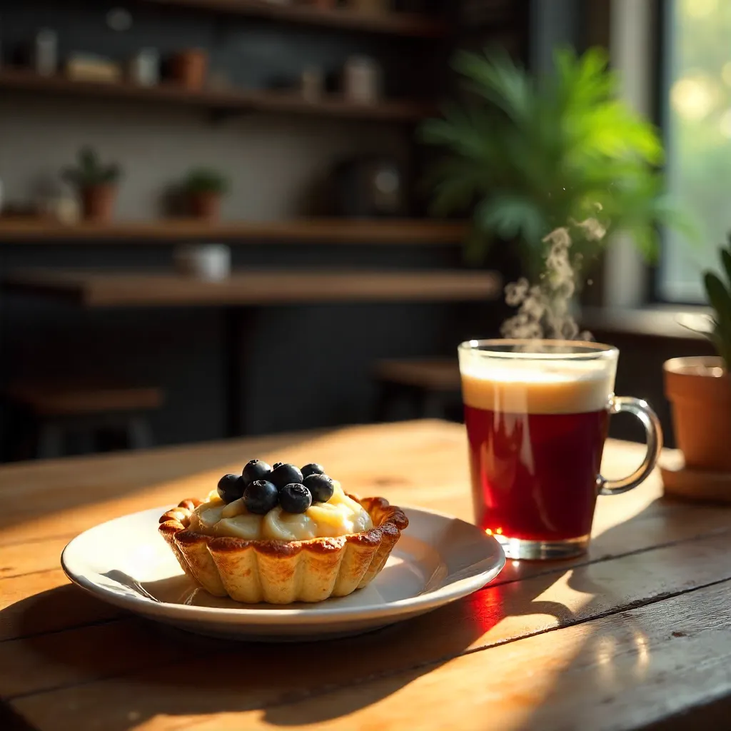 Cozy Café Scene: Blueberry Tart with Latte and Iced Coffee