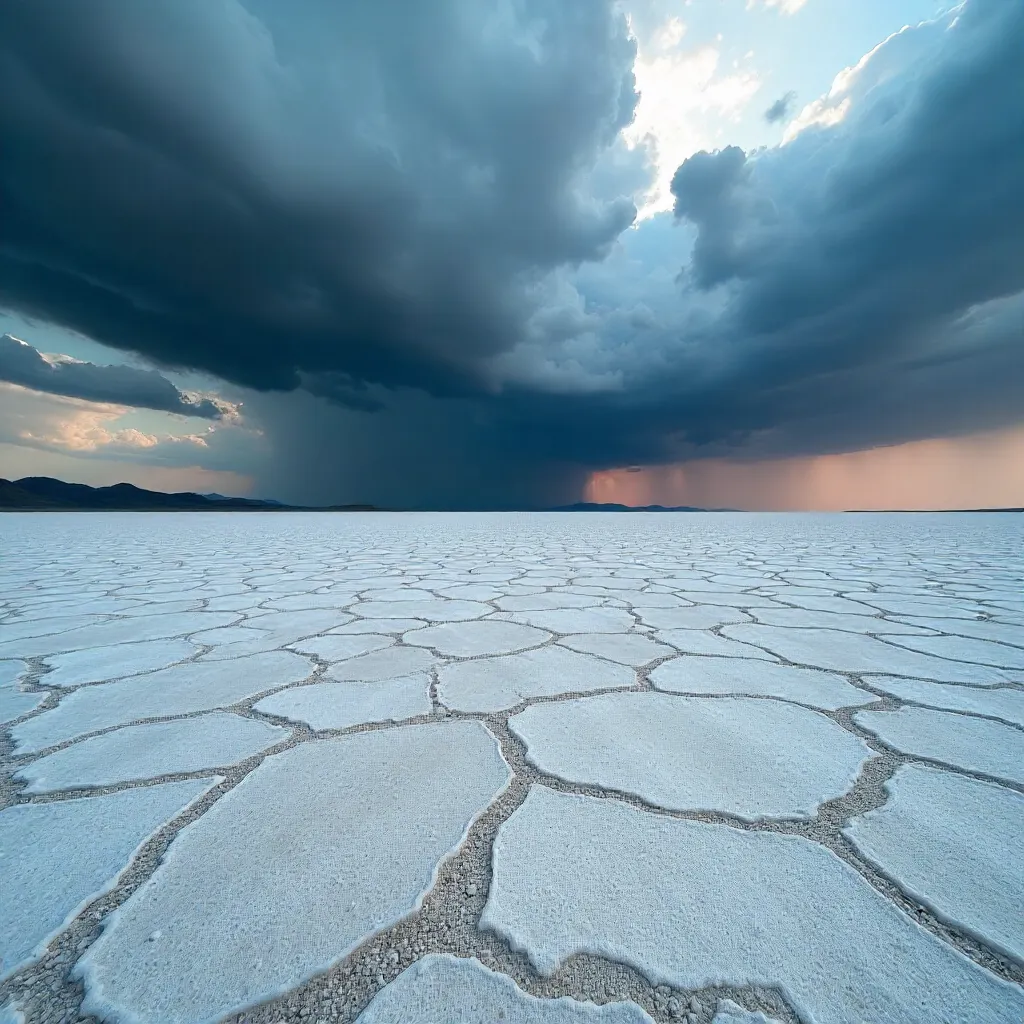 Cracked Salt Flat Under Dramatic Clouds
