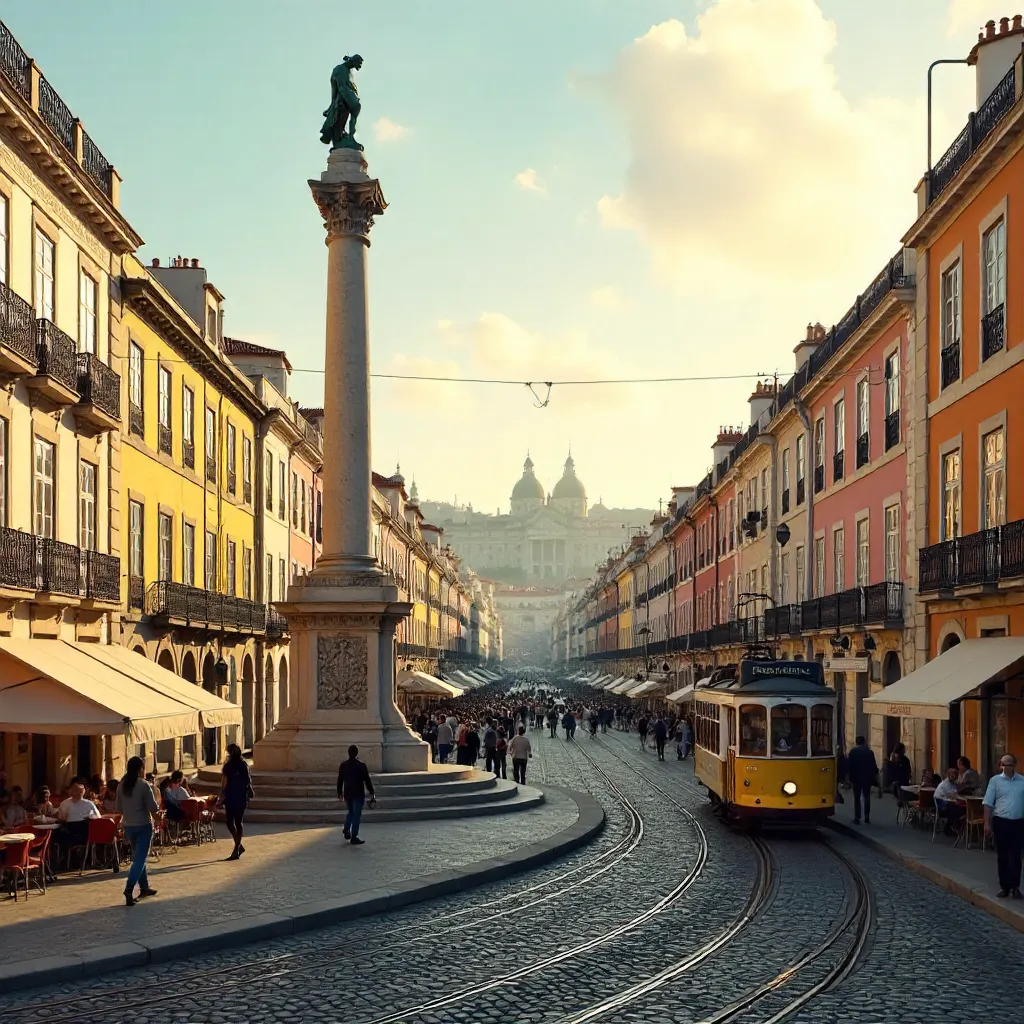 Vibrant Rossio Square: Colorful Facades & Historic Statue