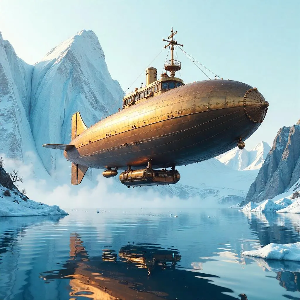 Glacial Airship Over a 3D Ice Wilderness