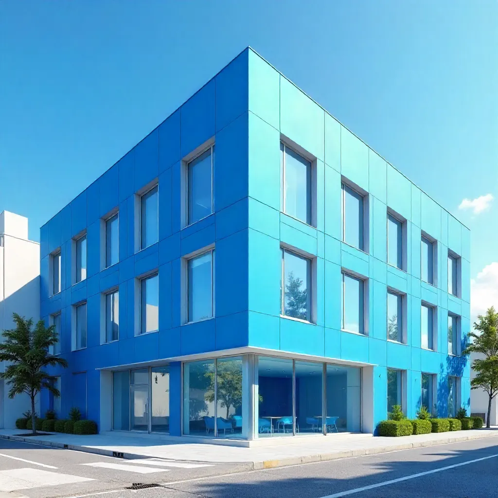 Azure Modern Facade: Blue Wall with White Windows