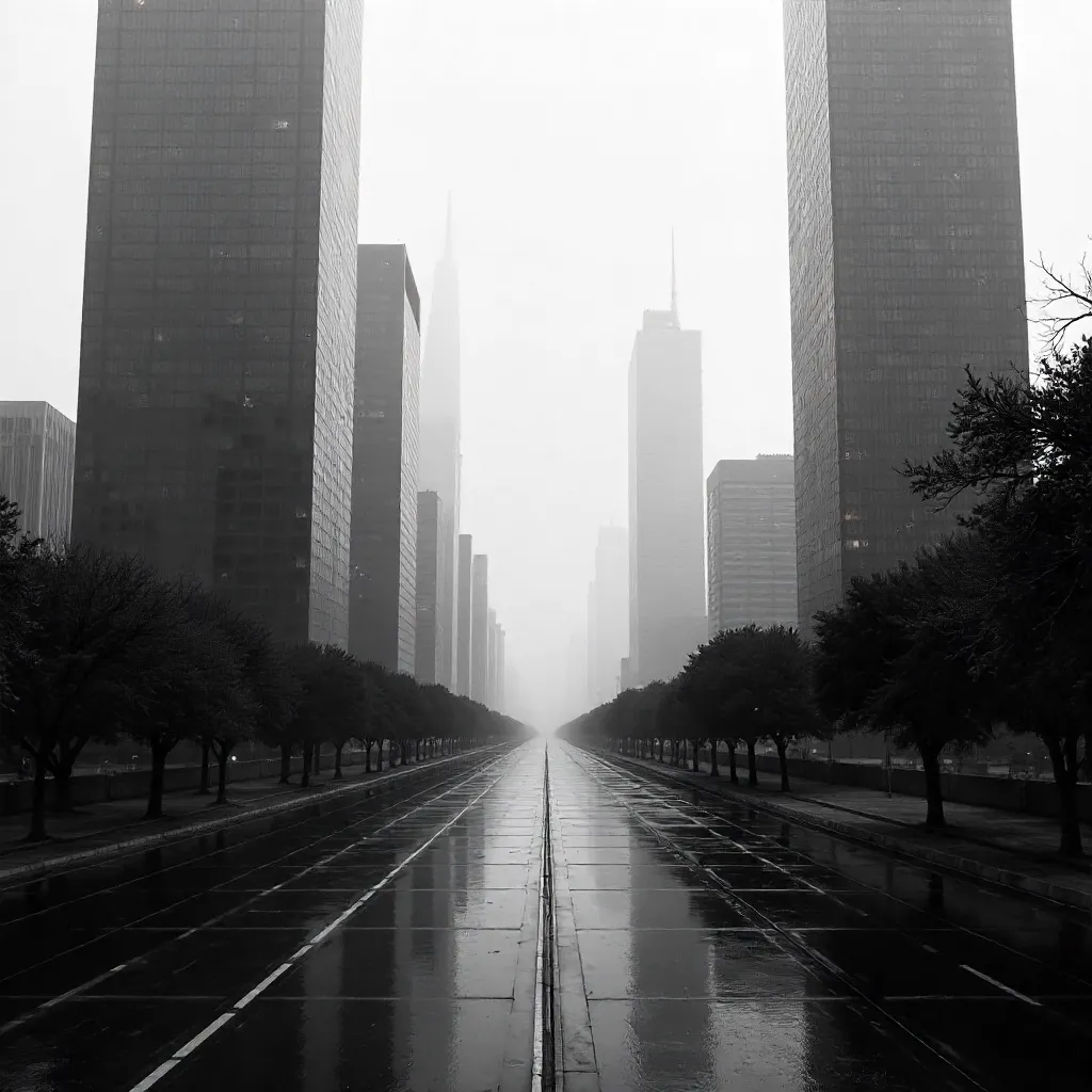 Monochrome Cityscape: Silent Skyscrapers and Empty Streets