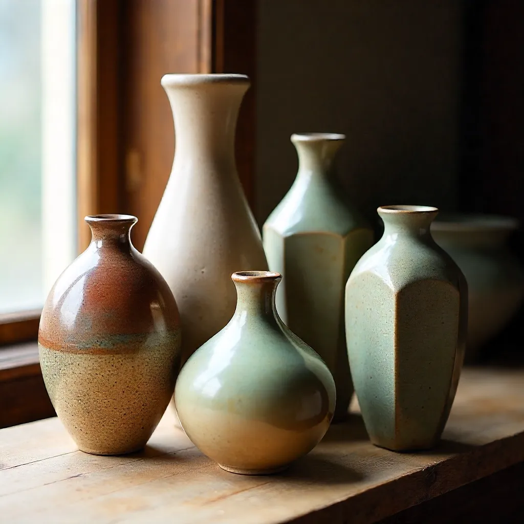 Rustic Ceramic Vase Collection on Weathered Wood