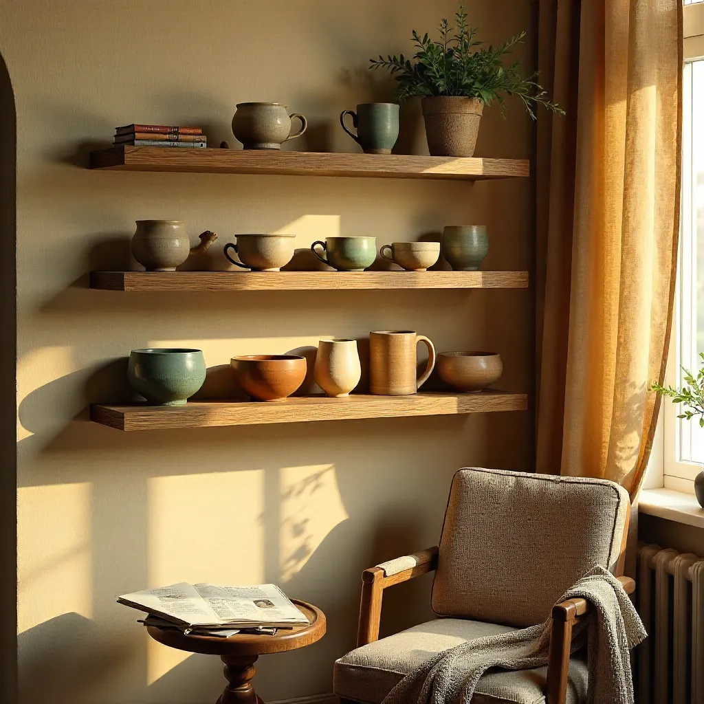 Cozy Wooden Shelves with Handmade Pottery and Books