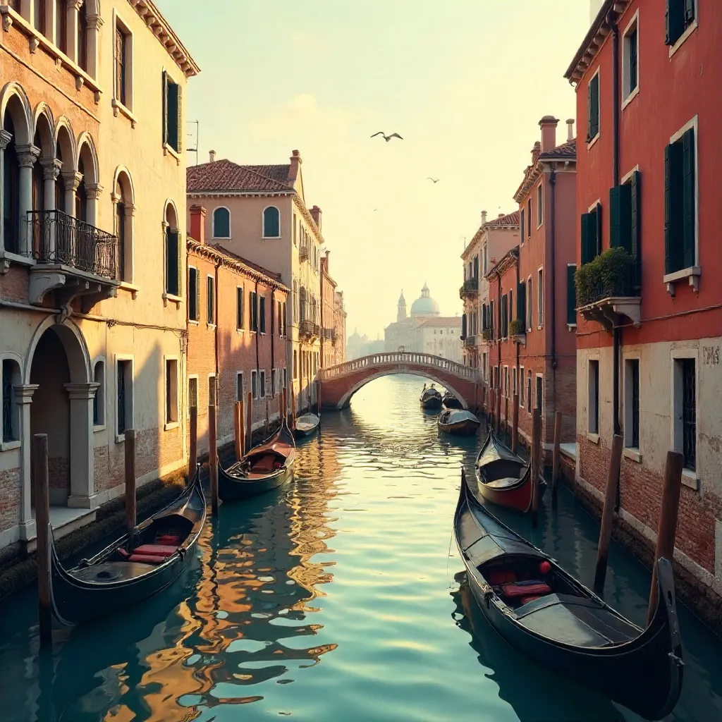 Enchanting Venetian Canal with Historic Bridge and Moored Boats