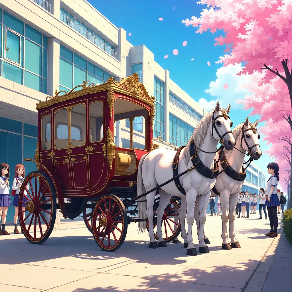 Anime High School Courtyard Carriage in Blooming Light