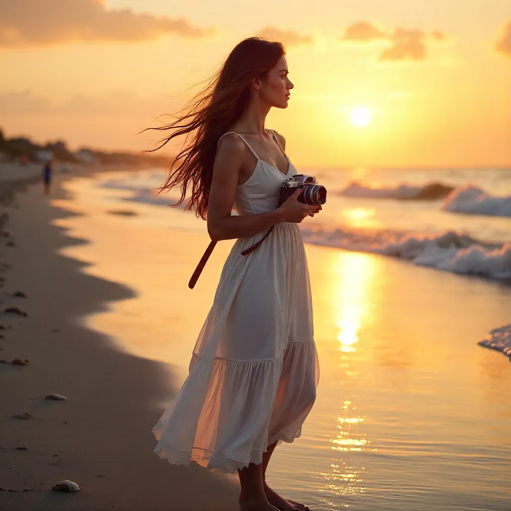 Serene Sunset Portrait: Woman with Camera on the Beach