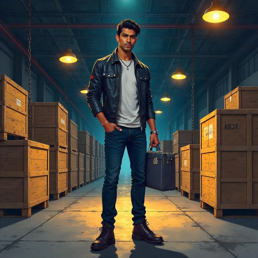 Anime Handsome Indian Man in a Dim Warehouse