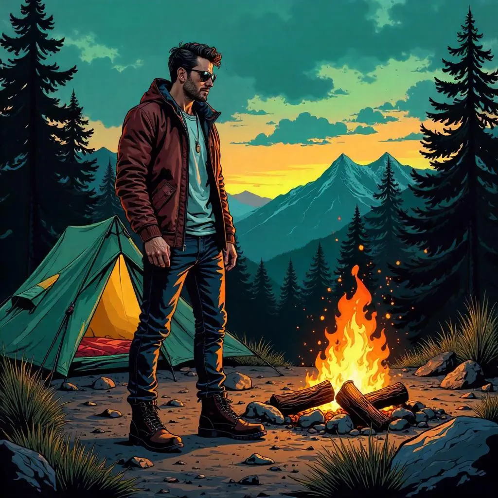 Stylish White Man at a Camping Site - Comic Style