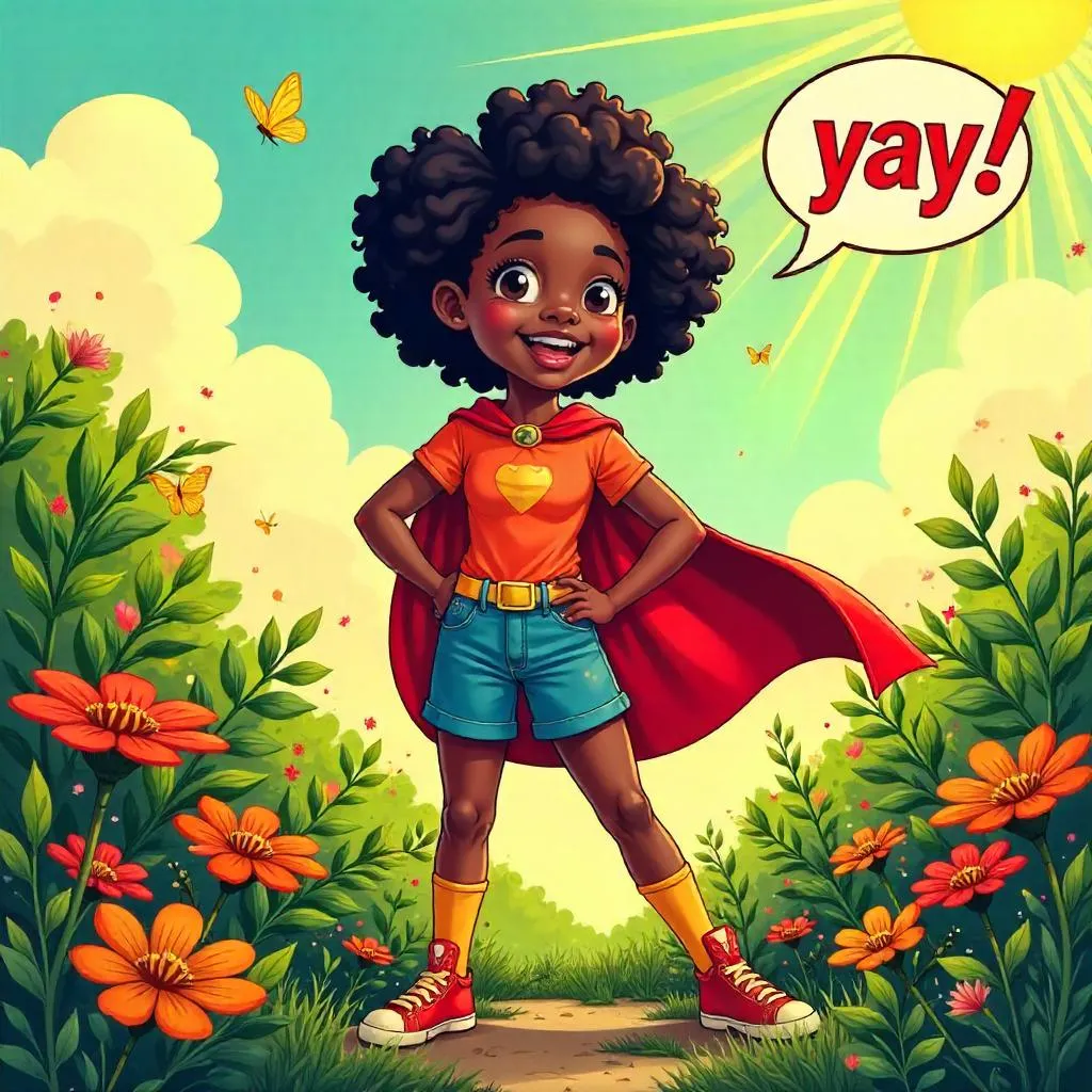 Cheerful Black Girl in a Vibrant Garden - Comic Style