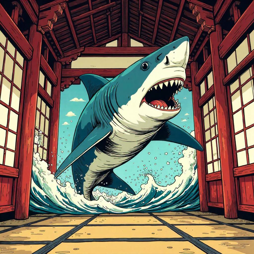 Shark in a Pagoda: A Bold Comic Scene