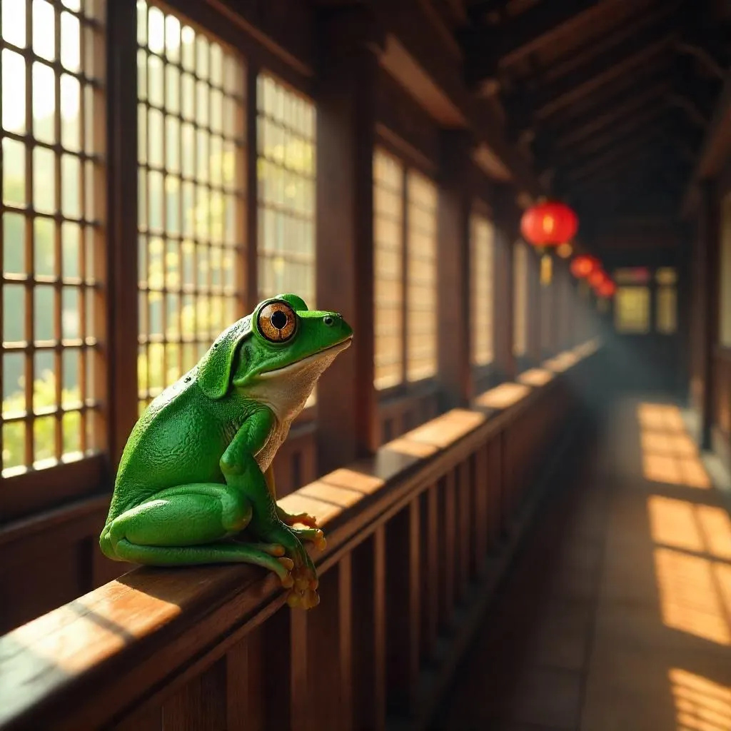 Photorealistic Frog in an Ancient Pagoda Interior