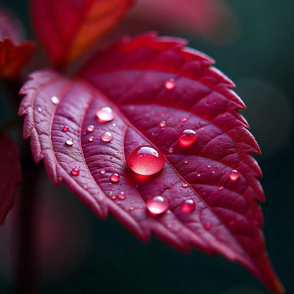 Macro Close-Up: Dew Droplets on a Crimson Leaf