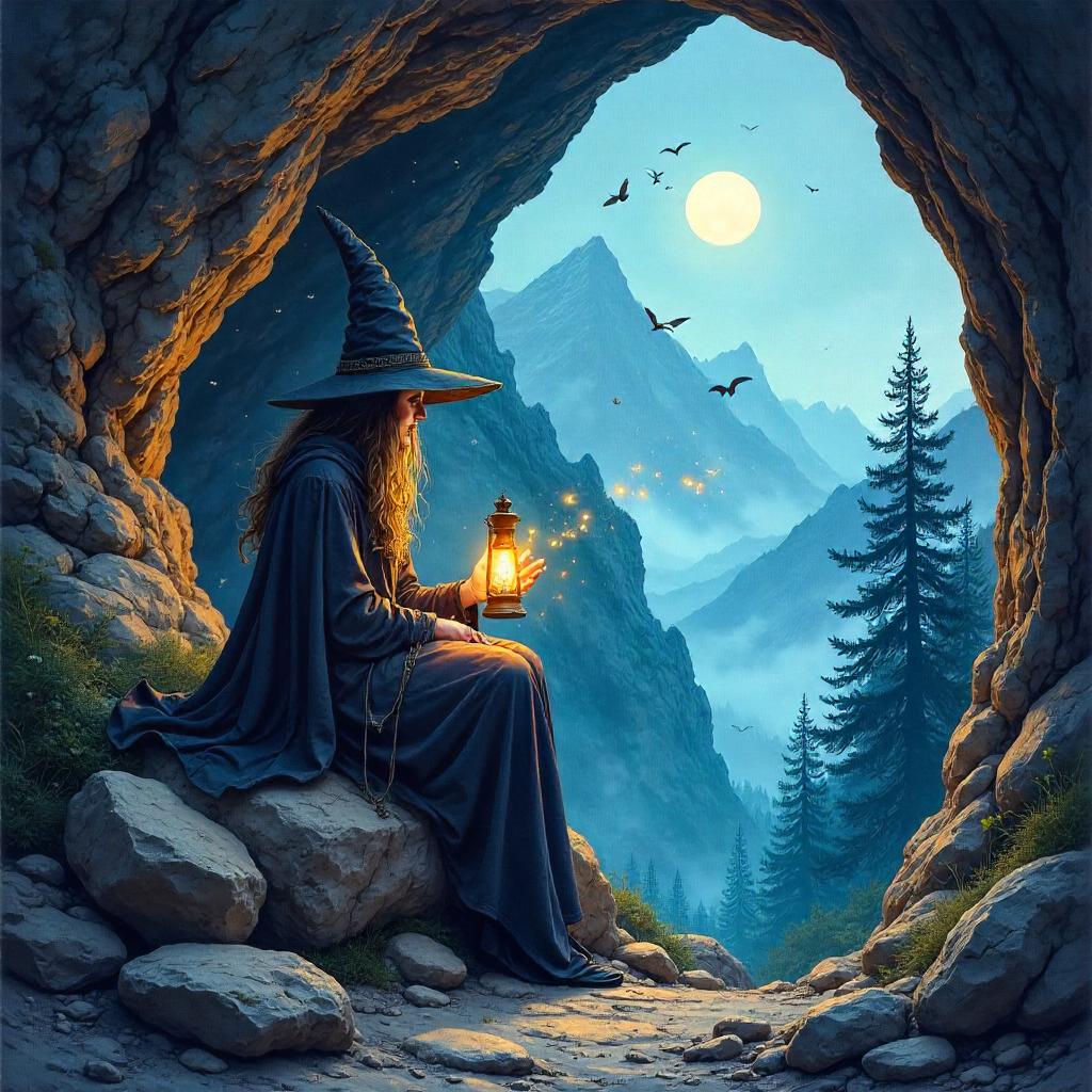 Witch in a Mountain Cave - Watercolor Scene