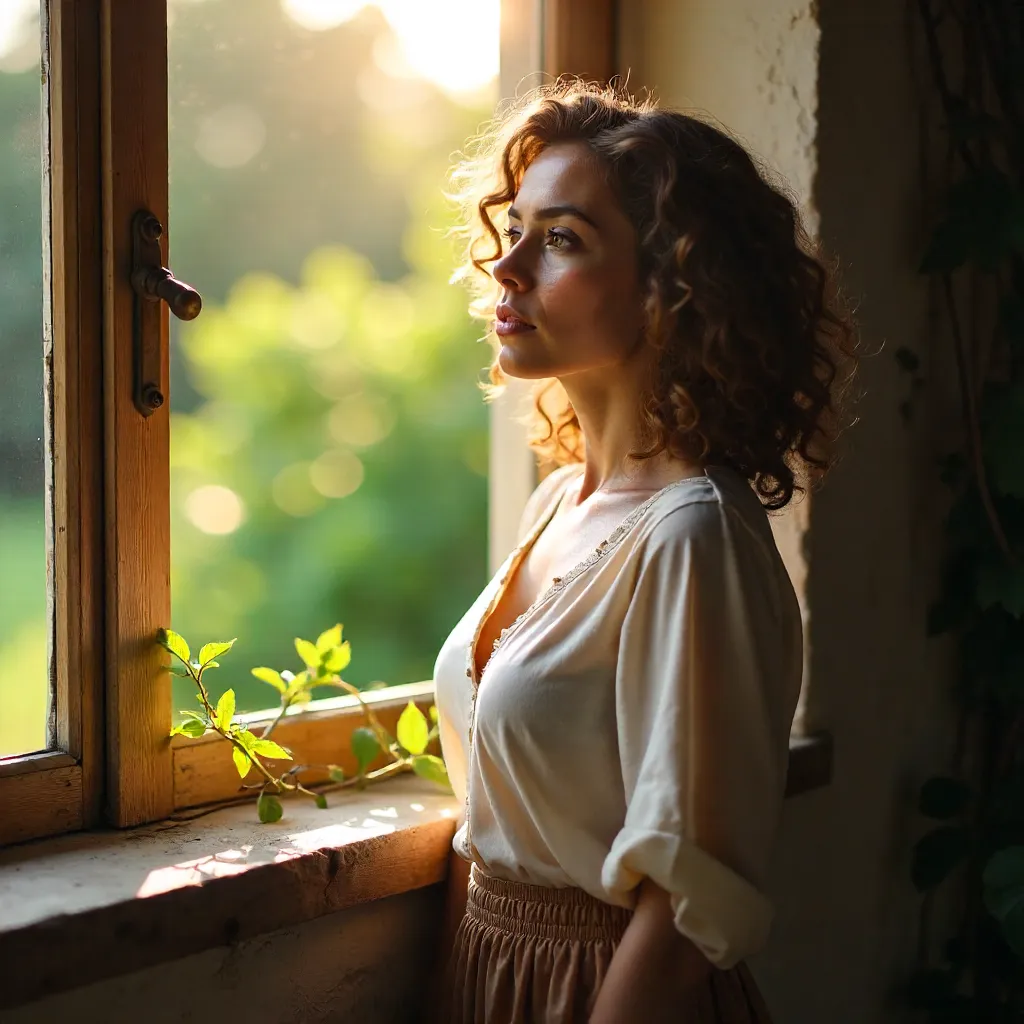 Thoughtful Curly-Haired Woman by an Outdoor Window