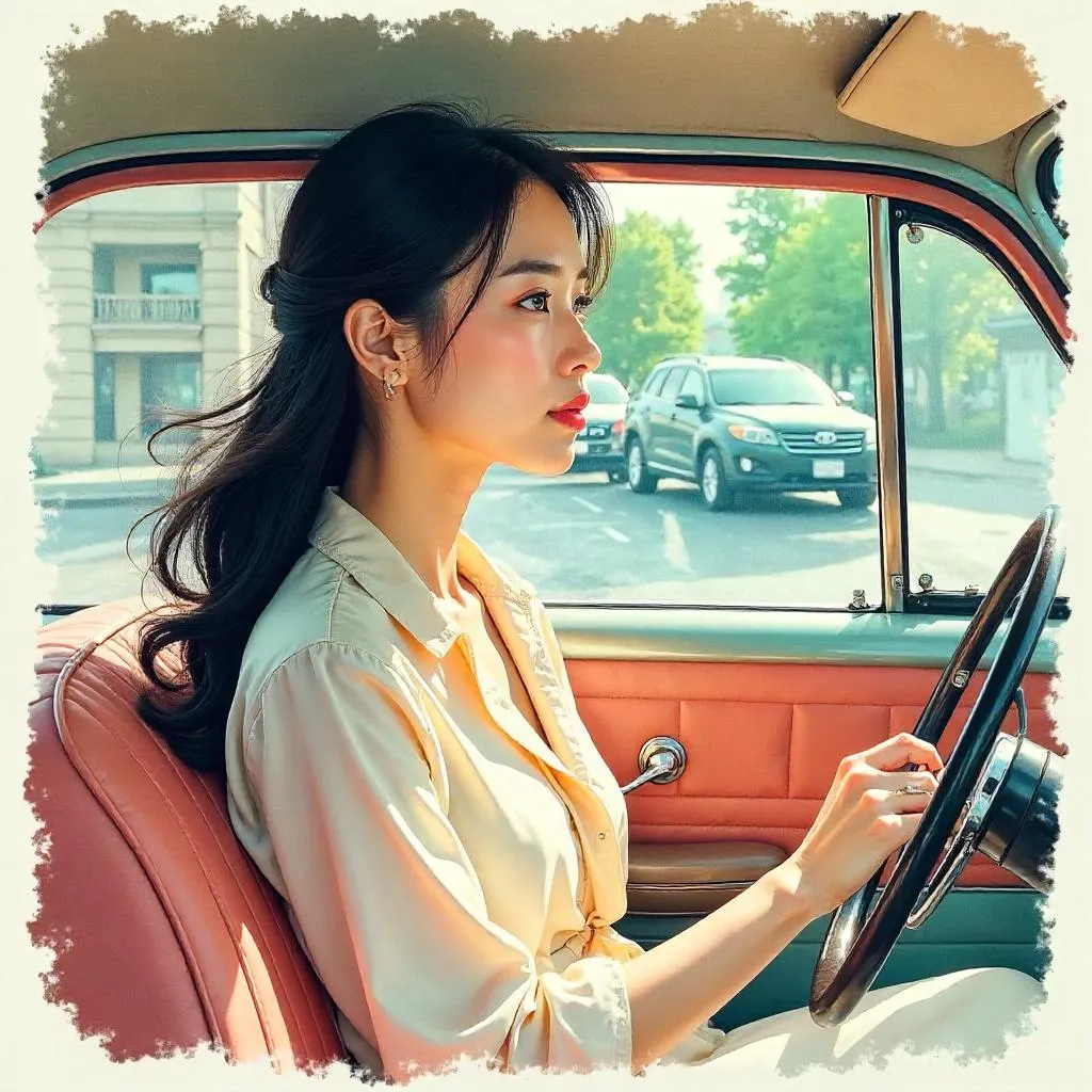 Watercolor Portrait of a Beautiful Asian Woman in a Car