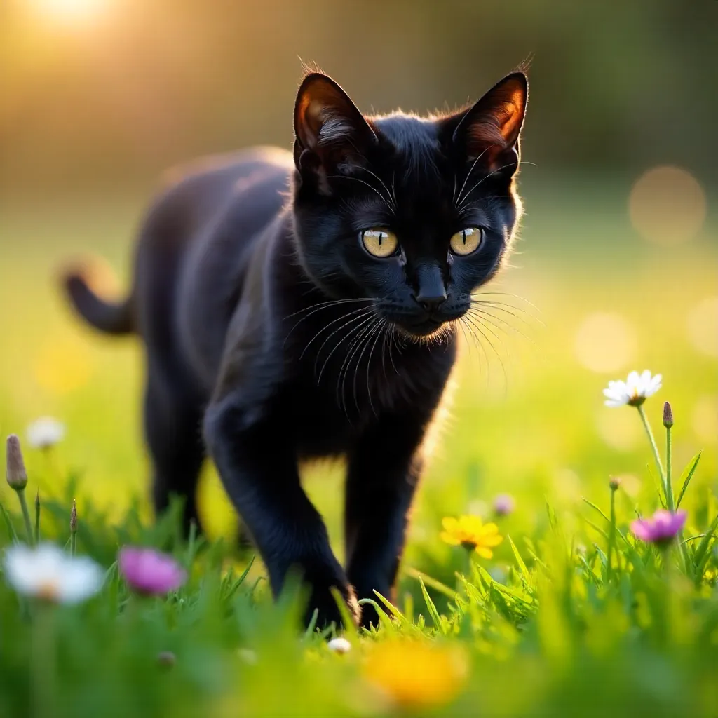 Close-Up Elegance: Black Cat in Wildflower Field