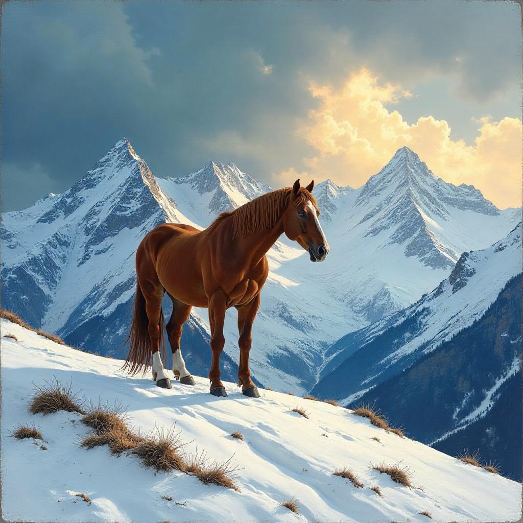Majestic Horse on a Snowy Alpine Summit
