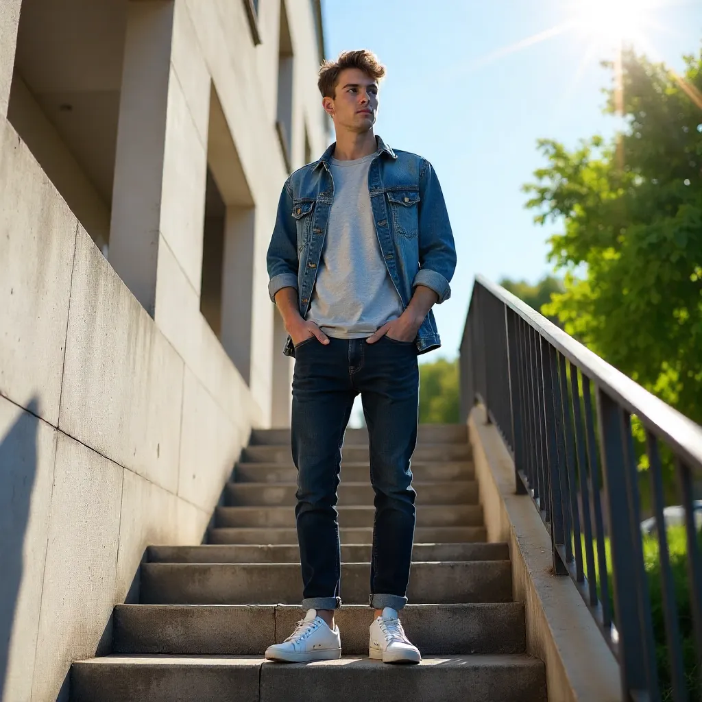 Sunlit Staircase Stroll: Casual Young Man