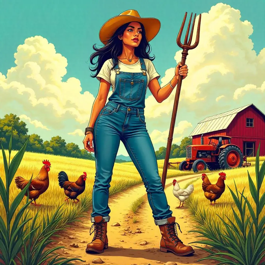 Latina Farm Heroine in Bold Comic Style