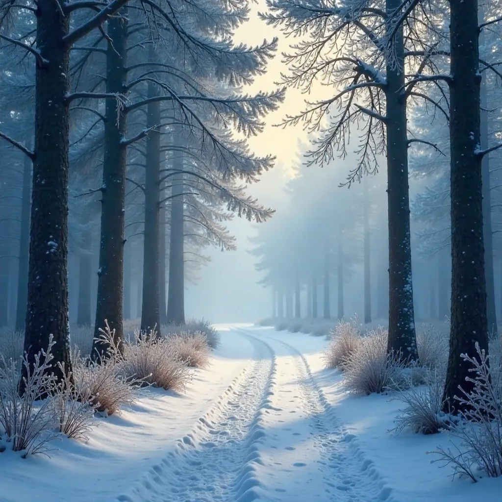 Tranquil Frosty Forest Path in Mist