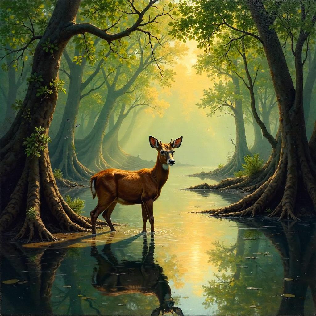 Deer in a Misty Mangrove Swamp (Oil Painting)