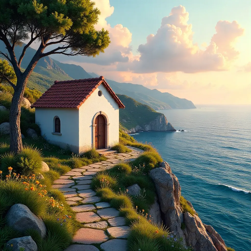 Seaside Chapel Amid Green Hills at Dusk