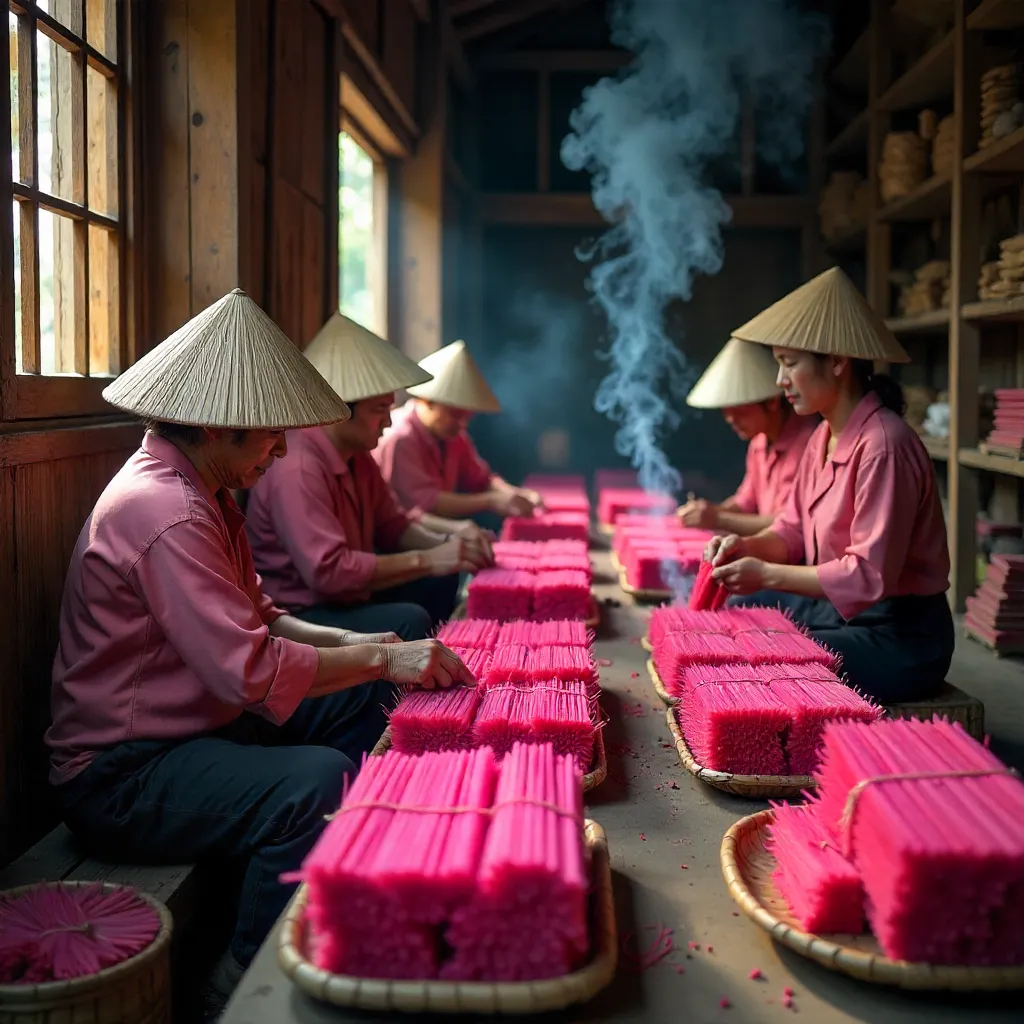 Vibrant Pink Incense Craft in a Vietnamese Workshop