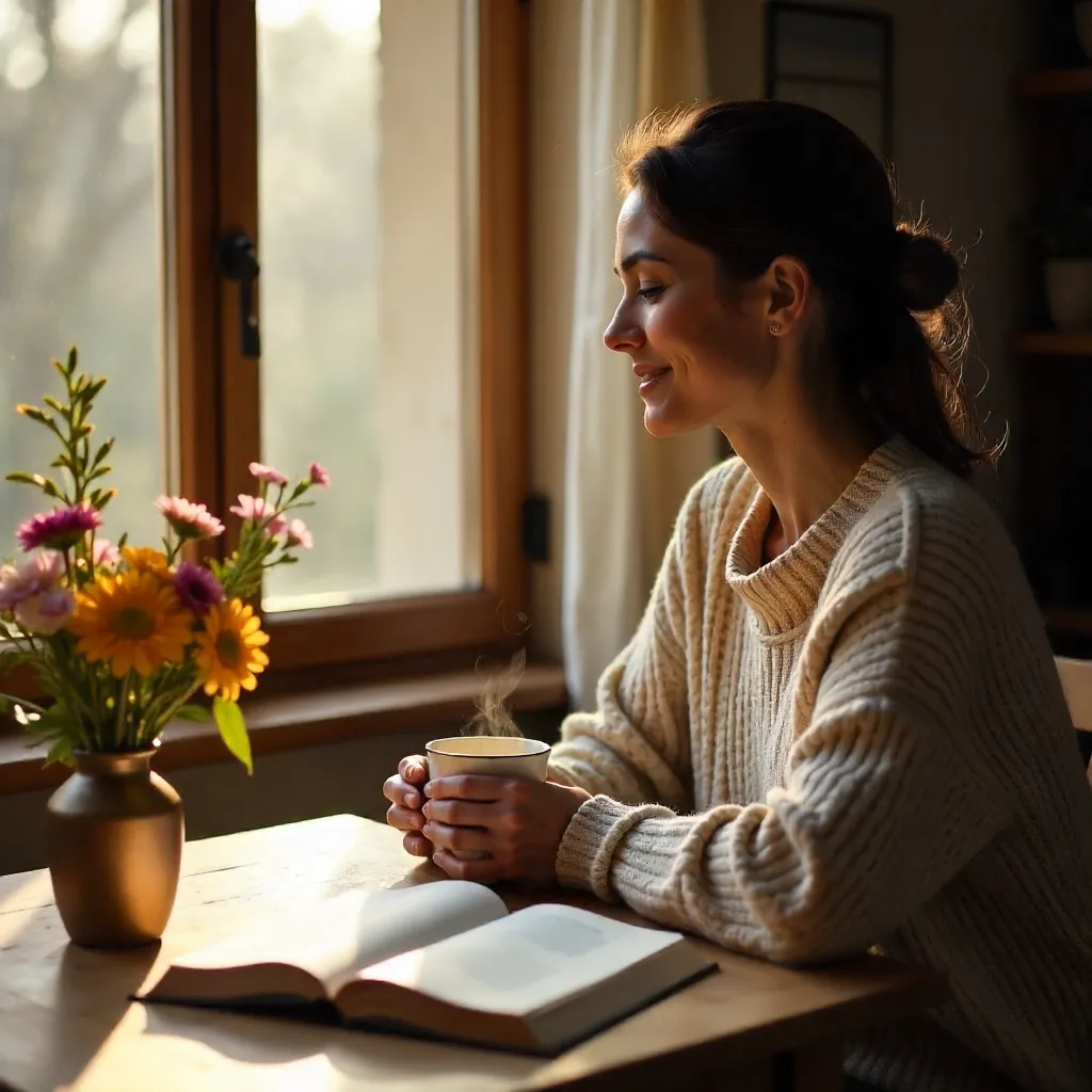 Quiet Morning Moment: Coffee, Book, and Flowers