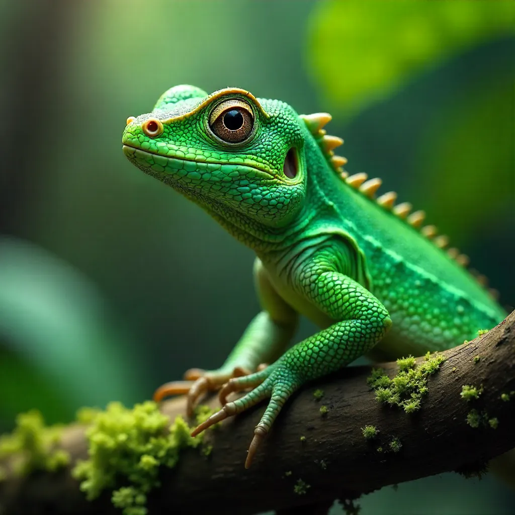 Macro close-up: vibrant green basilisk lizard